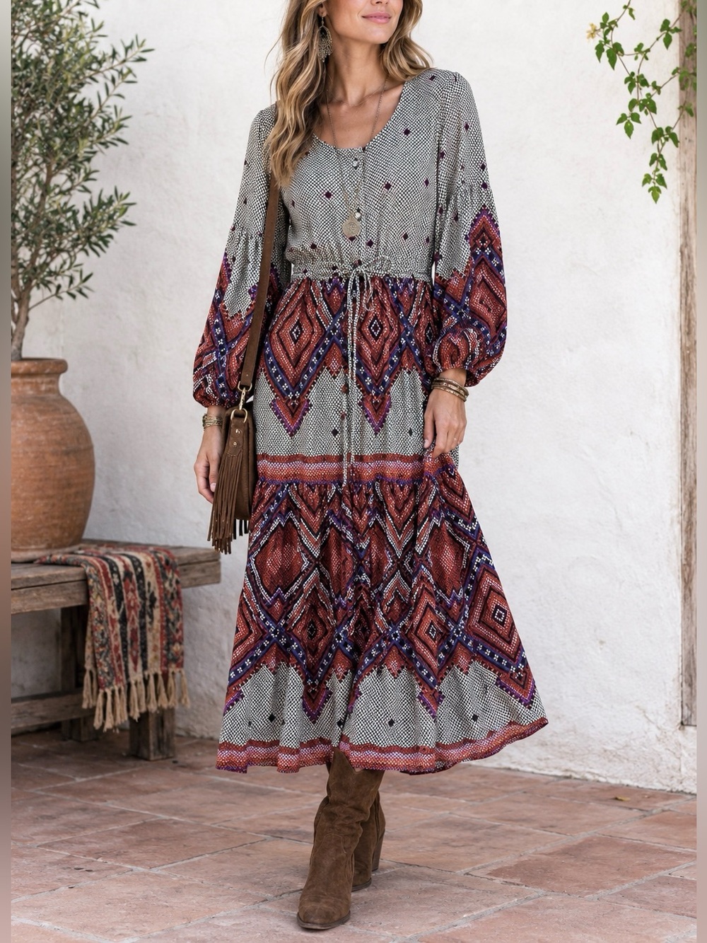 Vintage At Home Wear for Van Raalte 70s Mosaic Print Boho Tiered Midi Dress